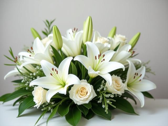 Arreglo floral sobrio y elegante con lirios blancos y verdes, adecuado para condolencias.